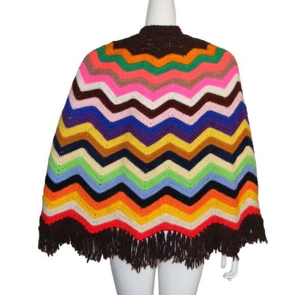 Handmade Vintage Cape, OS, Multicolor, Fringe, Button front, Arm vents, Chevrons - Picture 5 of 9